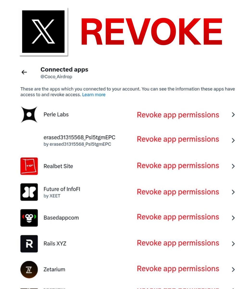 🚨 Very Important Guys

❌ Revoke Connected Apps on X

Your X Account Could Be a Security Risk Right Now 

Most airdrop farmers connect countless random apps…
and never remove them again 💀

That’s dangerous.

Some connected apps can:
❌ Post from your account
❌ Access your