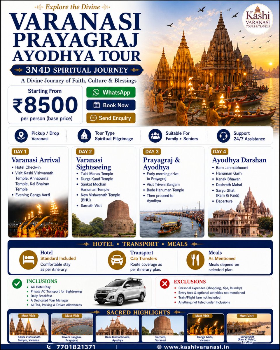 varanasidarshan's tweet photo. 🛕 Explore Varanasi, Prayagraj &amp; Ayodhya in one divine journey! 🙏
✨ 3N/4D Spiritual Tour
💰 Starting @ ₹8500/person
✅ Ganga Aarti
✅ Triveni Sangam
✅ Ram Janmabhoomi

📲 +91 7701821371
🌐 https://t.co/Qvb67z095r

#Kashivaranasitoursandtravel #varanasi #ayodhya #prayagraj https://t.co/e8vO8EtsOn
