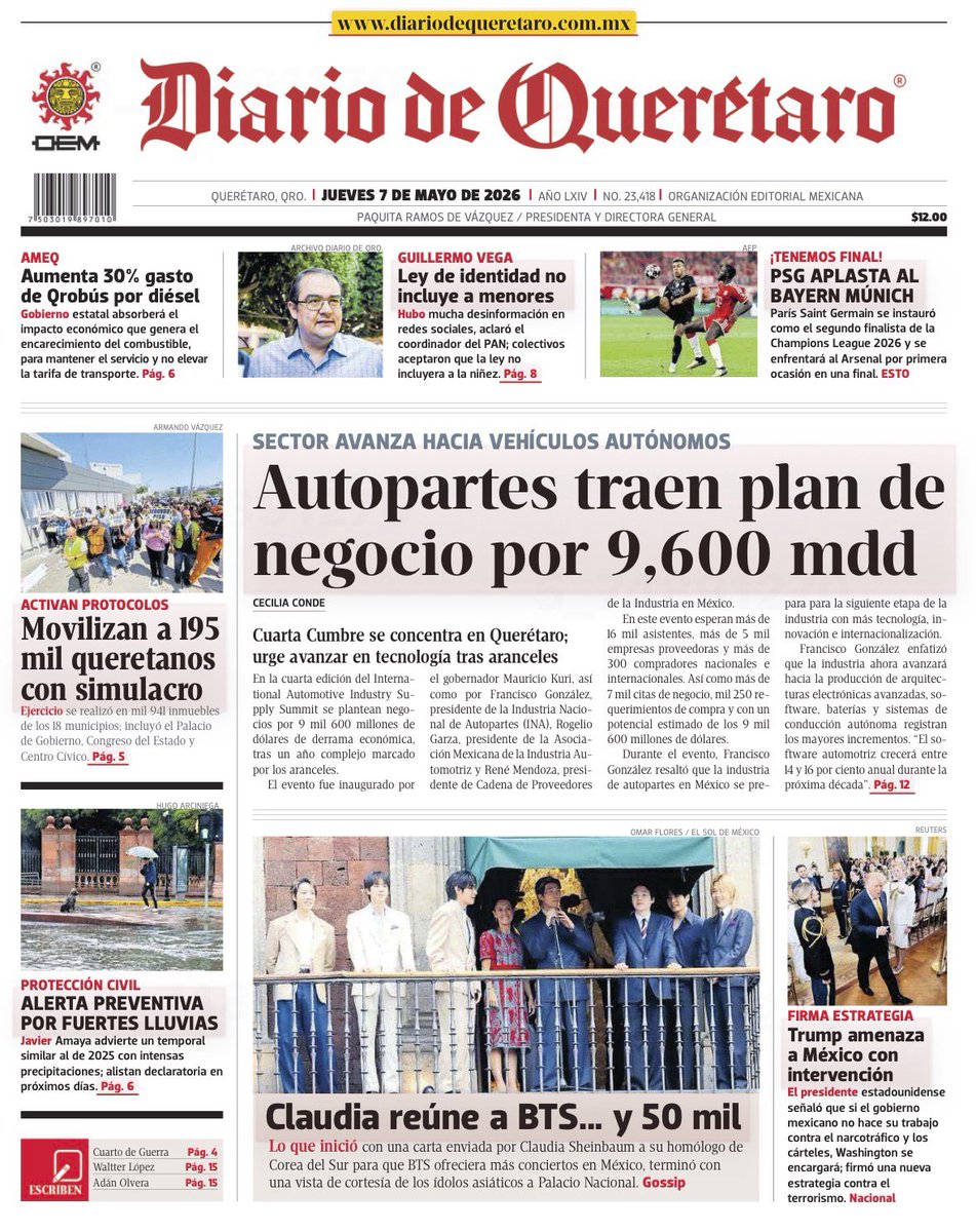 MagazineTV_MZTV's tweet photo. 🌞 #LindoJueves
🗞 🇲🇽 Portadas de Querétaro
🗓️ 07 mayo 2026
#Publimetro #Noticias #PlazaDeArmas #DiarioDeQueretaro https://t.co/XKQhSd63GY