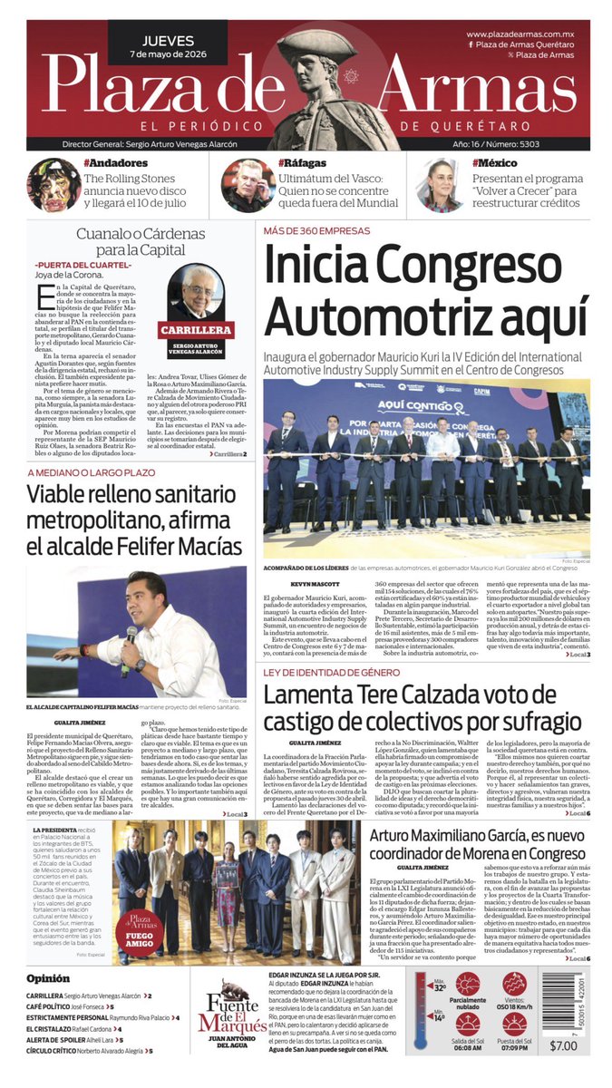 MagazineTV_MZTV's tweet photo. 🌞 #LindoJueves
🗞 🇲🇽 Portadas de Querétaro
🗓️ 07 mayo 2026
#Publimetro #Noticias #PlazaDeArmas #DiarioDeQueretaro https://t.co/XKQhSd63GY