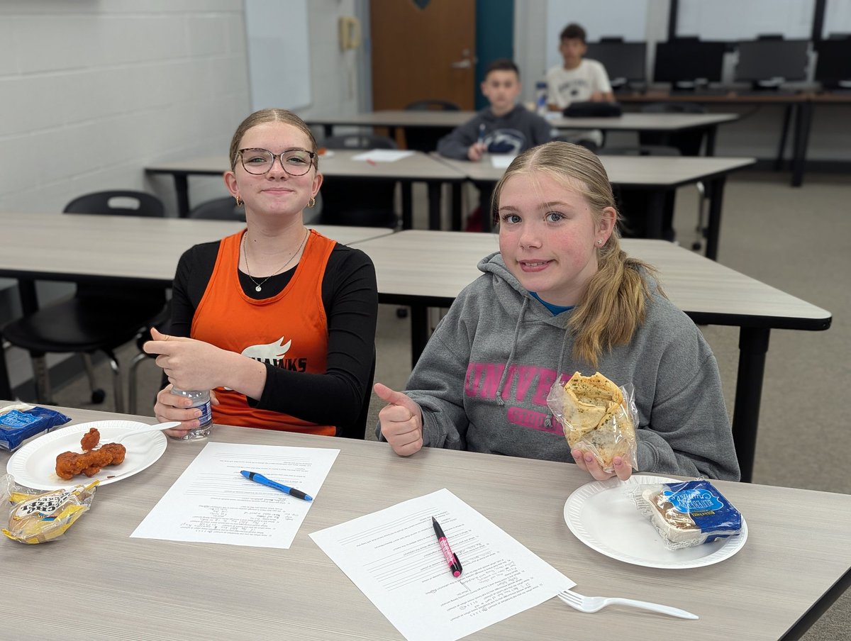 HanoverMiddle's tweet photo. The Student Advisory Council meets with Mr. Francella and Mrs. Bankert to try new cafeteria food options and provide feedback! https://t.co/X6bq7h6Cg0