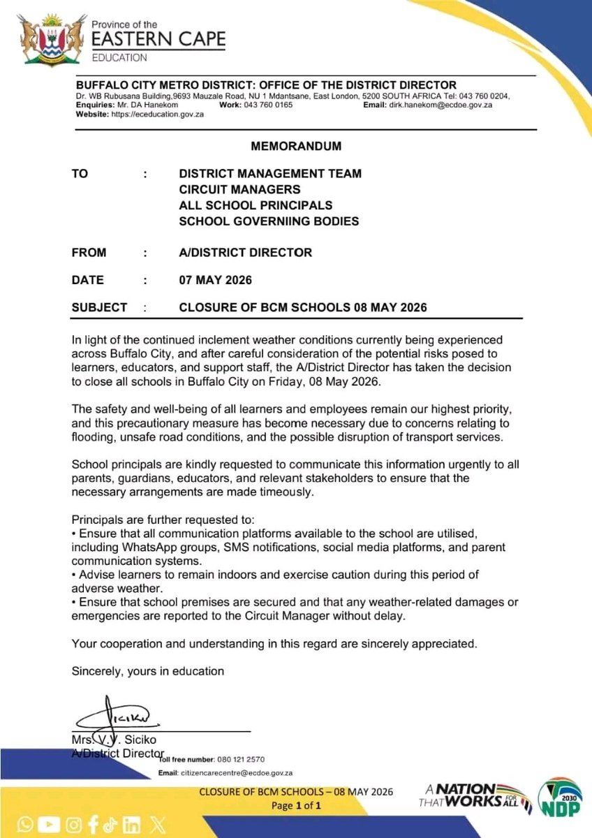 buffalo_insider's tweet photo. #UpdatesBCM | 💯 

School Closure Alert: BCM Schools Closed on Friday Due to Severe Weather

The Eastern Cape Department of Education has announced that all schools in the Buffalo City Metro District will be closed on Friday, 08 May 2026, due to severe weather conditions. https://t.co/a254ch0PWk