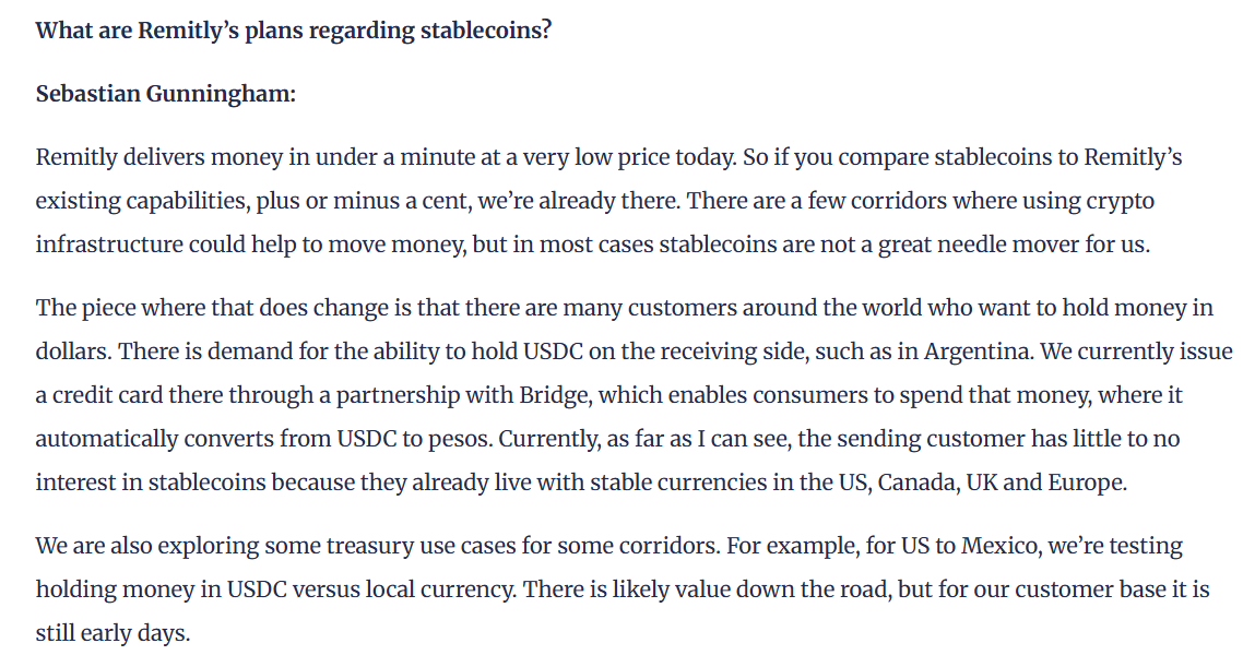 SaveOnSend's tweet photo. The new Remitly CEO will become even more disillusioned with stablecoins:
1. Fast/cheap delivery: nope
2. Recipient holding: most countries already have local USD workarounds, and regulators will keep tightening (see Brazil)
3. Treasury-schmeasury

https://t.co/0L7FcRVmQQ https://t.co/i5h6Bo2ES3