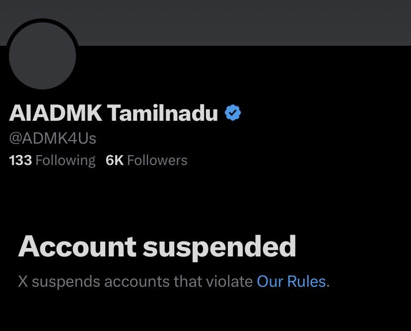The influence and the power of <a href="/TheRoute/">TheRoute</a>

They have suspended the account of <a href="/ADMK4Us/">AIADMK Tamilnadu</a> because they were breaking all the baseless rumours spread by TVK Vijay.

99.99999% of the people in Tamil Nadu think Vijay is some kind of saint. These are all the activities of a total fraud