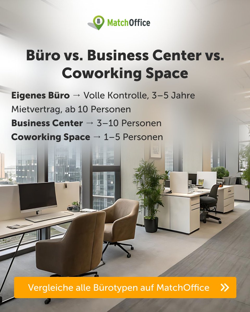 Matchoffice_de_'s tweet photo. 🏢 Büro vs. Business Center vs. Coworking — was passt?  Büro = volle Kontrolle, ab 3 J. Business Center = All-inkl., ab 1 Mon. Coworking = geteilte Flächen, niedrige Kosten  Vergleiche alle Optionen → https://t.co/D9AP6dhX0R #BüroMieten #Coworking https://t.co/Rlo02WONos