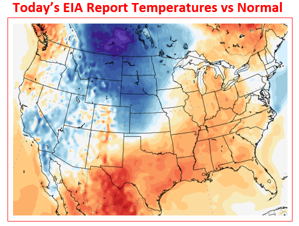 NatGasWeather's tweet photo. For the EIA report, survey averages suggest +74-76 Bcf, slightly smaller vs the 5-year average of +77 Bcf. It was warmer vs normal over Texas and the eastern ½ of US, while cool vs normal over much of the West &amp; Plains. We expect +68-69 Bcf, aided by lighter wind energy. #natgas https://t.co/L0PJPGRNAk