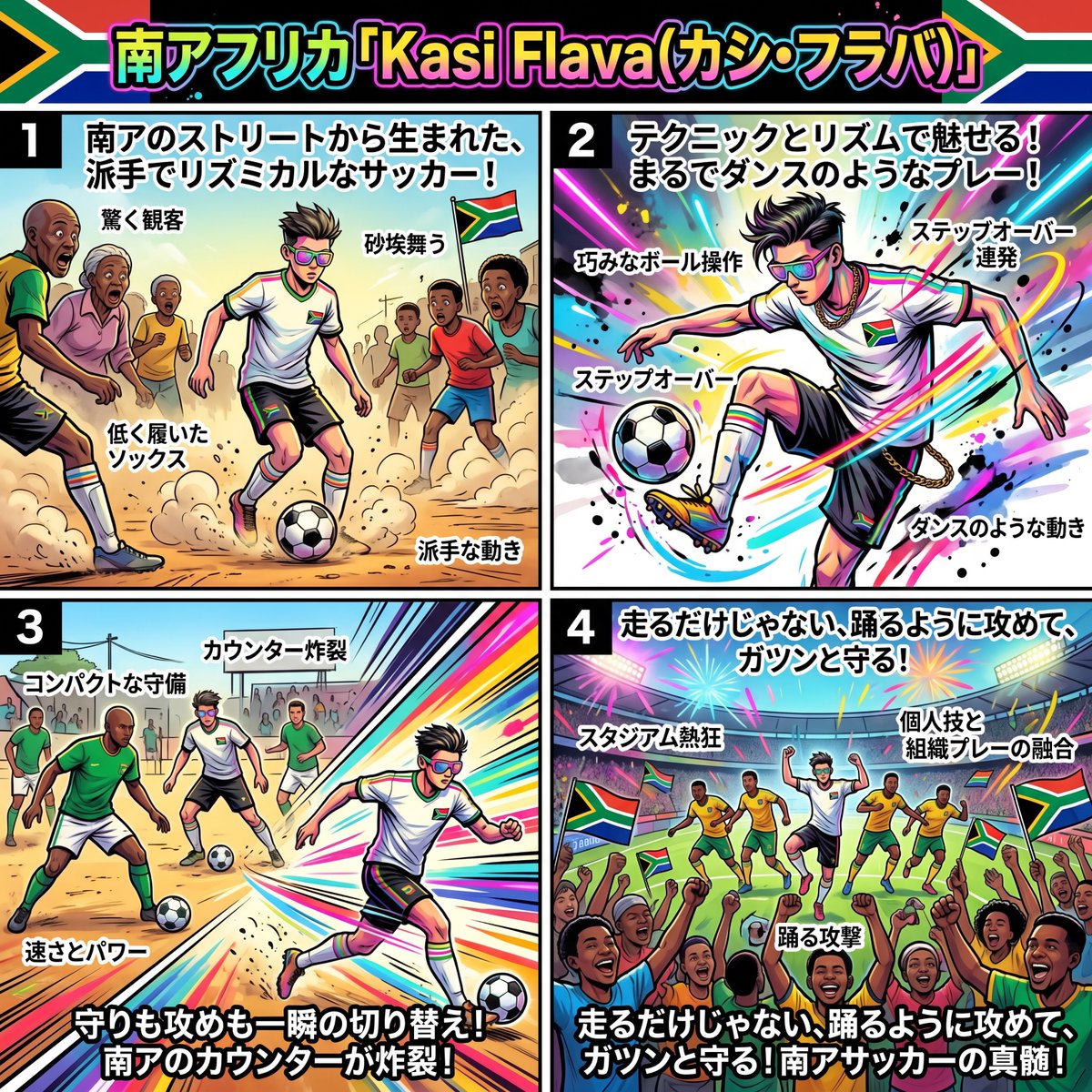 ⟡ 🇿🇦World Cup【南アフリカ紹介】⟡
南アフリカサッカーといえば、走るだけじゃない、踊るように攻めて、ガツンと守る。それが南アフリカサッカーだ！ ※4K生成拡大OK！
もし貴方も南アフリカチームの一員になりたかったらプロンプトをリプ欄に貼ったからやってみて～