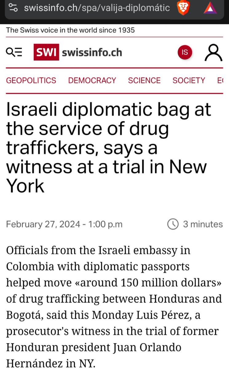 🇺🇸🇮🇱🇨🇴 En un tribunal federal de Nueva York, un testigo testificó bajo juramento que un funcionario de la embajada israelí en Colombia utilizó equipaje diplomático para mover 150 millones de dólares en dinero de drogas del Cártel de Sinaloa.

El saco diplomático no puede ser