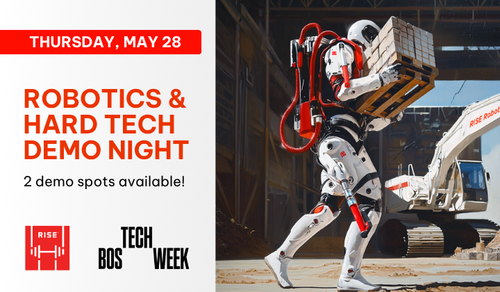 RiseRobotics's tweet photo. We have 2 open demo spots for our Robotics &amp; Hard Tech Demo Night on May 28th! ⚙️

If you're heading to Boston @Techweek_ or @Robotics_Summit, this is your chance to put your technology in front of investors, engineers, and builders.

Apply: https://t.co/lu6exYK1ns https://t.co/YQZD6QJmnJ