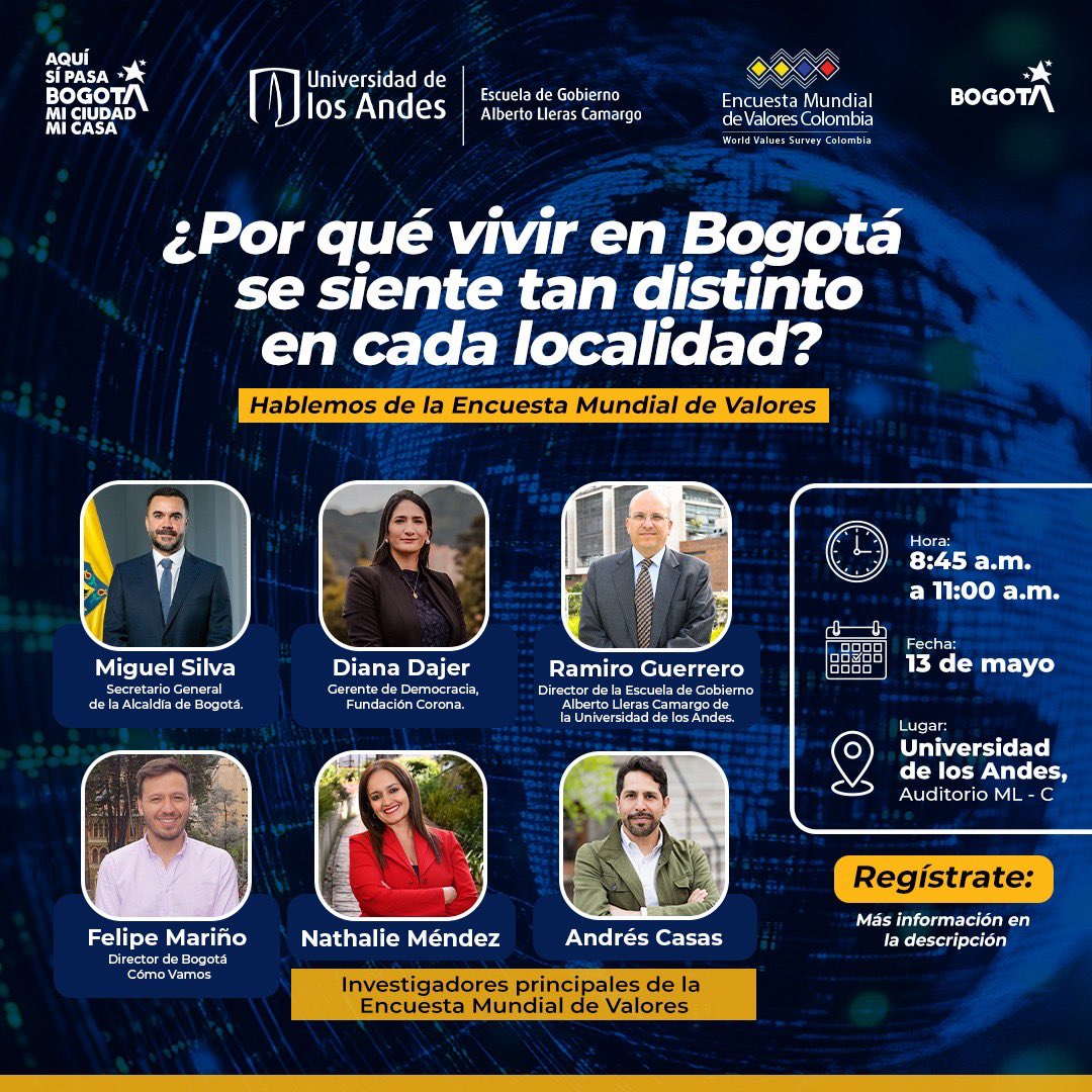 CCONTRIAL's tweet photo. ¿Vivir en Bogotá se siente distinto según la localidad? 🤔

La respuesta está en los datos y en las experiencias de quienes la habitan.

Desde Contrial te invitamos a conocer cómo las percepciones, valores y realidades cambian a lo largo de la ciudad en la lectura territorial de la Encuesta Mundial de Valores. Un espacio para entender Bogotá desde lo que sienten y piensan sus ciudadanos.

Inscríbete y sé parte de la conversación 👉 https://t.co/Tl53nNSK35