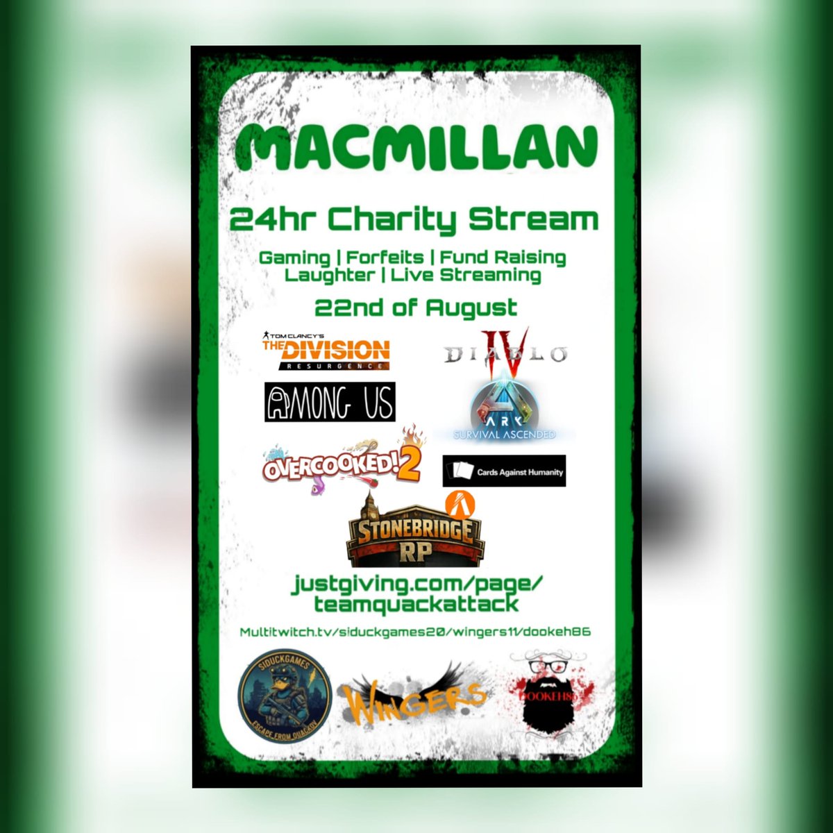 siduckgames20's tweet photo. 🎮 24H LINEUP! 🦆

We're hitting these games for @macmillancancer:

🔥 Diablo 4 | Division Resurgence 🦖 Ark | GTA RP 🔪 Among Us | Overcooked 2 | CAH
FACT: 83% of cancer patients face severe financial impact. Let’s help! 💚
Donate: https://t.co/Zghn7znbPj

#TeamQuackAttack #AML https://t.co/dSdNtVC39L