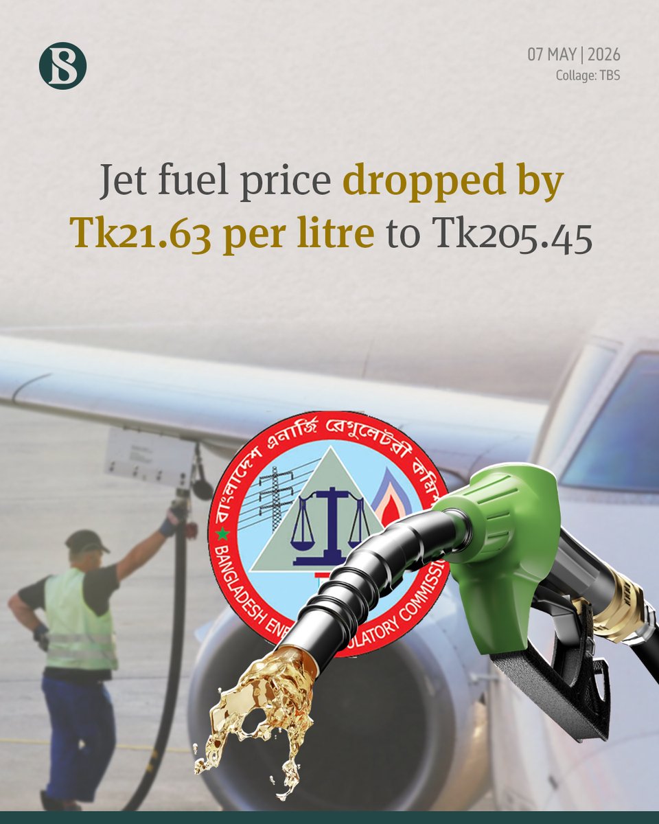 tbsnewsbd's tweet photo. Bangladesh Energy Regulatory Commission (BERC) today (7 May) reduced Jet A-1 (jet fuel) price by Tk21.63 and $0.1421 per litre for domestic and international airlines respectively.
Read more: link in comments
#jetfuel #BERC #TBSNews https://t.co/A54mBCJss6