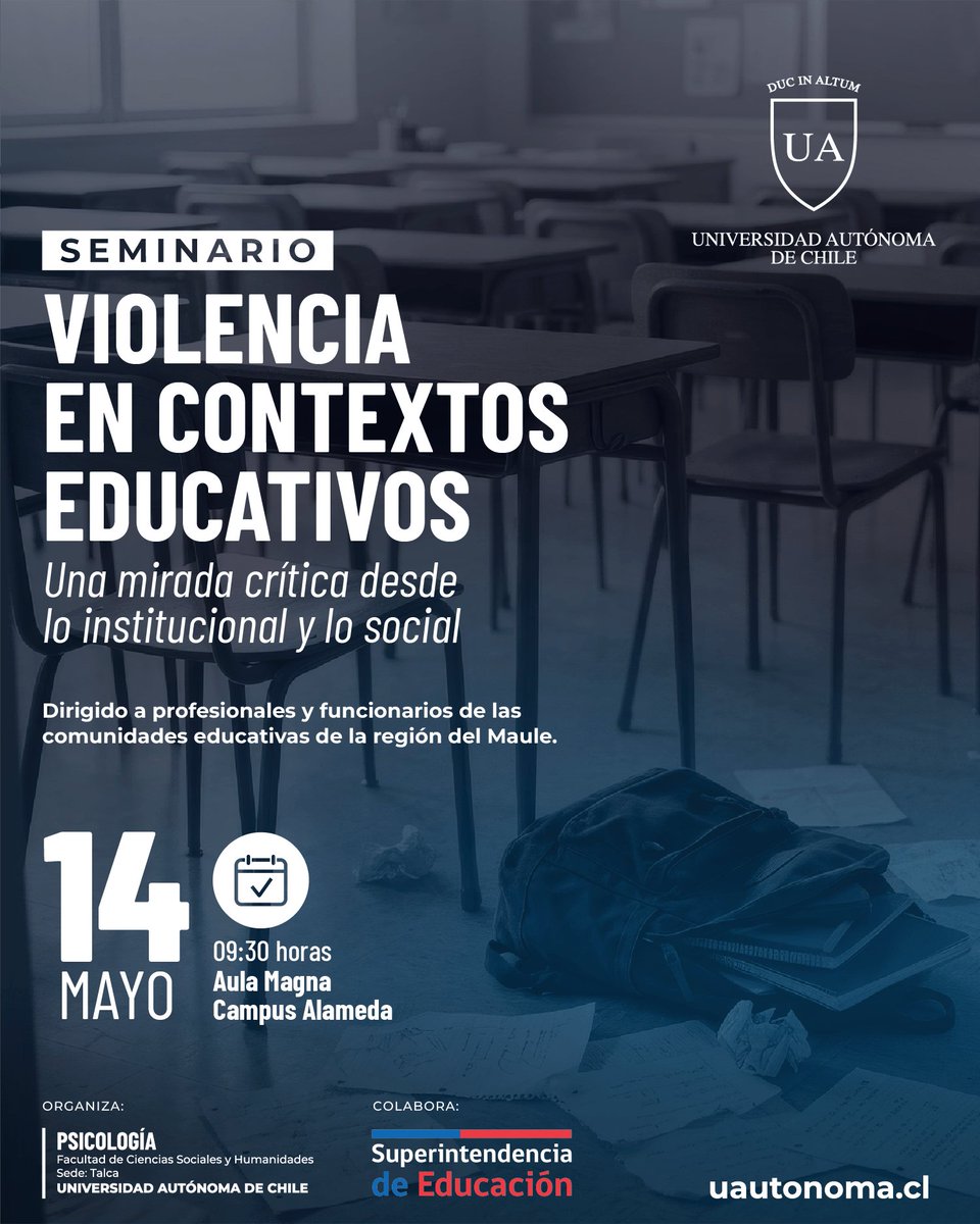 PabloTagore's tweet photo. Queremos invitar a todos y todas a este interesante seminario que surge de la necesidad de abordar la situación de la violencia en los colegios, realizados en conjunto con nuestro socio en convenio la  Superintendencia de Educación Superior. #psicologiaua https://t.co/LMhph3byfH