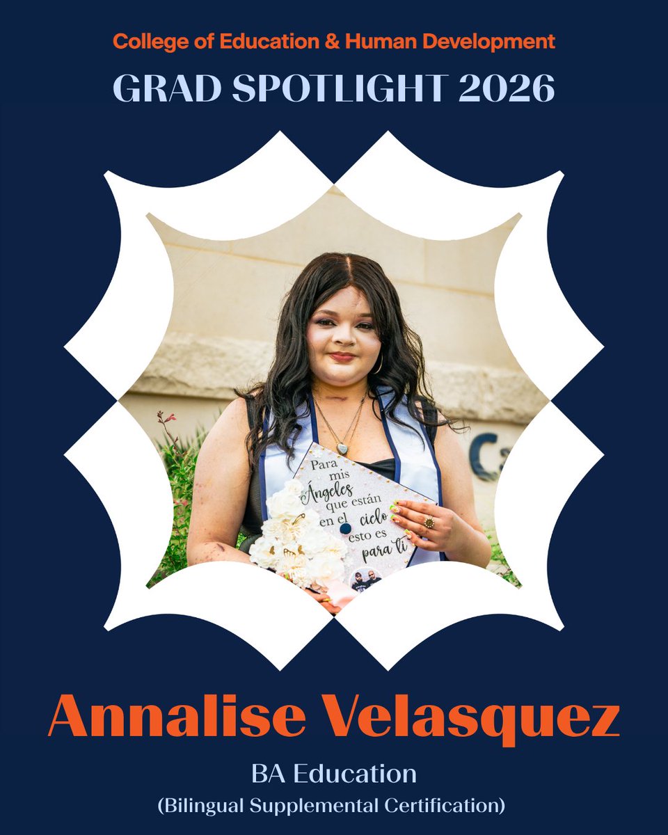UTSACOEHD's tweet photo. 🎓 𝗦𝗽𝗿𝗶𝗻𝗴 𝟮𝟬𝟮𝟲 𝗖𝗼𝗺𝗺𝗲𝗻𝗰𝗲𝗺𝗲𝗻𝘁 𝗣𝗿𝗼𝗳𝗶𝗹𝗲

First‑gen grad Annalise Velasquez is earning her BA in Education. After a life‑threatening car accident, she returned to her second‑grade bilingual classroom with incredible resilience.

📰https://t.co/to8xQGLwPg https://t.co/mZTalllxup