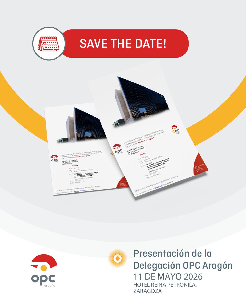 opcspain's tweet photo. 🤗 Nos encantará contar con vuestra presencia en la presentación de la Delegación OPC Aragón que celebraremos próximamente.

Además de hablar de su trabajo, podremos escuchar a Dídac Doménech, CEO de @onsitevents, con su intervención 'De proveedor a socio estratégico: cómo la transformación digital de las sociedades científicas cambia el rol de OPC'.

Tenemos una cita con la Delegación OPC Aragón:
📅: 11 de mayo
📍: Hotel Reina Petronila, Zaragoza