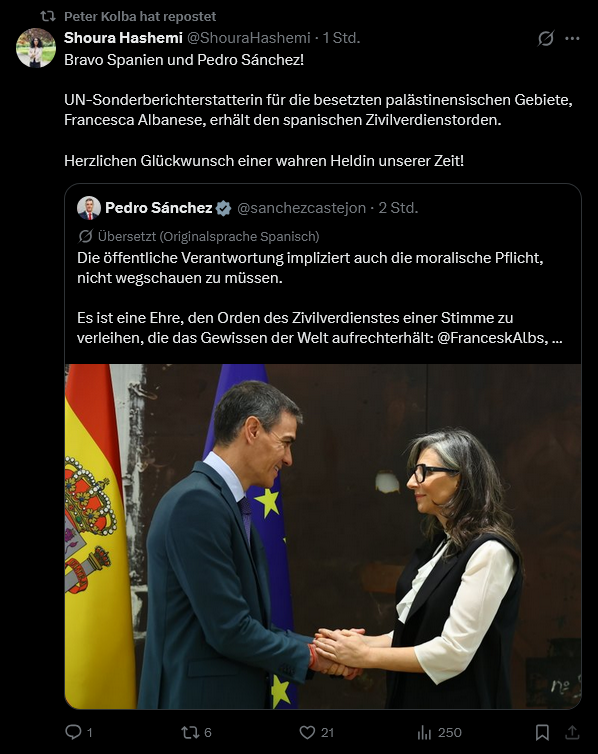 Politprimat's tweet photo. Die Judenhasserin #Hashemi gratuliert der Judenhasserin #Albanese zu einem Orden von Judenhasser #Sanchez.
Das ist fast schon Comedy,
#AntisemitismInternational #Antisemitismus #Spanien https://t.co/mT215NY9iH