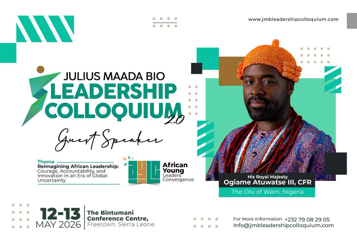 Lord_Of_Warri's tweet photo. The King of Warri 🇵🇪 Invited by the President of Sierra Leone 🇸🇱 

His Majesty Ògíamẹ̀ Atuwatsé III CFR, The Olú of Warri, has been specially invited by the President of Sierra Leone, His Excellency Julius Maada Bio, as a Guest Speaker at the Julius Maada Bio Leadership Colloquium 2.0 taking place on May 12th–13th, 2026, at The Bintumani Conference Centre, Freetown, Sierra Leone.

The prestigious event, themed “Reimagining African Leadership: Courage, Accountability, and Innovation in an Era of Global Uncertainty,” will gather distinguished leaders and young changemakers from across Africa to discuss the future of leadership on the continent.

The participation of His Majesty Ògíamẹ̀ Atuwatsé III CFR, The Olú of Warri, further reflects his growing influence and recognition as a respected voice in transformational leadership, cultural diplomacy, and African development