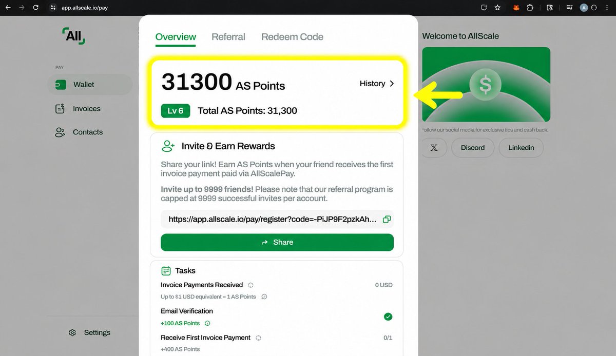 🚨 Don’t sleep on <a href="/allscaleio/">AllScale</a> 👀🪂

I’ve already farmed 31,000+ points 🔥
And yes…
1 Point = 1 Token 👀

💰 Raised: $5M
🏦 Backed by: yzilabs

---

🧵 How to Start:

➡️ app.allscale.io/pay/register?c…

• Register with email
• Verify email
• Go to Rewards
• Complete tasks
• Check in