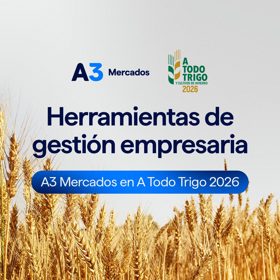 a3mercados's tweet photo. Con una campaña que podría volver a niveles récord de siembra y un escenario que redefine oportunidades para toda la cadena agroindustrial, las herramientas de gestión y cobertura vuelven a ocupar un rol central en la toma de decisiones.

En ese contexto, A3 Mercados participará de #ATodoTrigo2026, uno de los principales puntos de encuentro de la cadena triguera argentina.

📍 Sheraton Mar del Plata
📅 14 y 15 de mayo

Nuestro Vicepresidente, @AndresEPonte, participará del panel: “Herramientas del Mercado”.

Una conversación sobre cómo acompañar al agro con más herramientas para gestionar, financiar y proyectar en un nuevo ciclo productivo.

👉 Conocé más sobre el evento: https://t.co/LEleej1owV

#A3Mercados #MercadoDeCapitales #Agro #Trigo @acopiadores