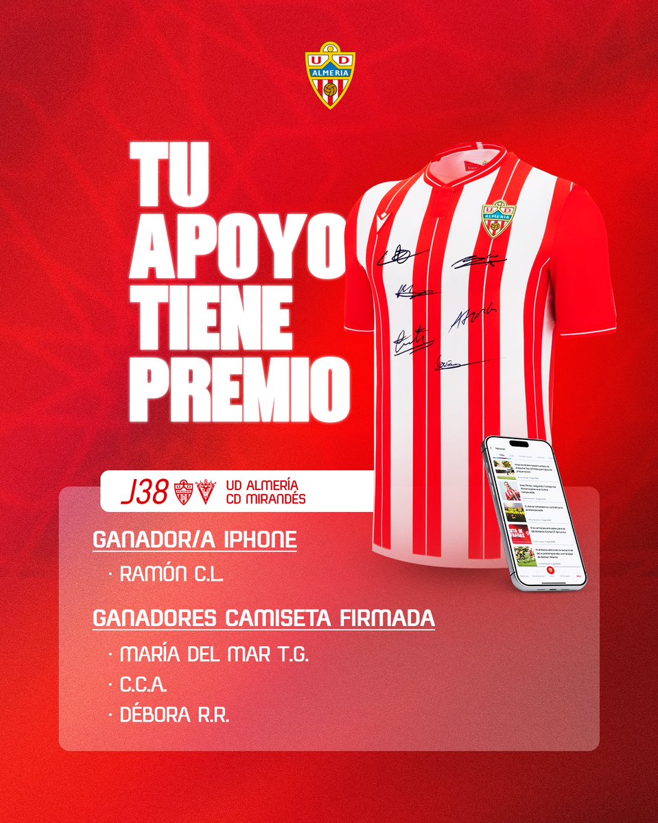 😊 ¡Ya hay ganadores de los sorteos tras el #AlmeríaMirandés!

Todos ellos han sido contactados de forma directa por el club y han aceptado los premios.

¡¡Enhorabuena!! ❤️🤍