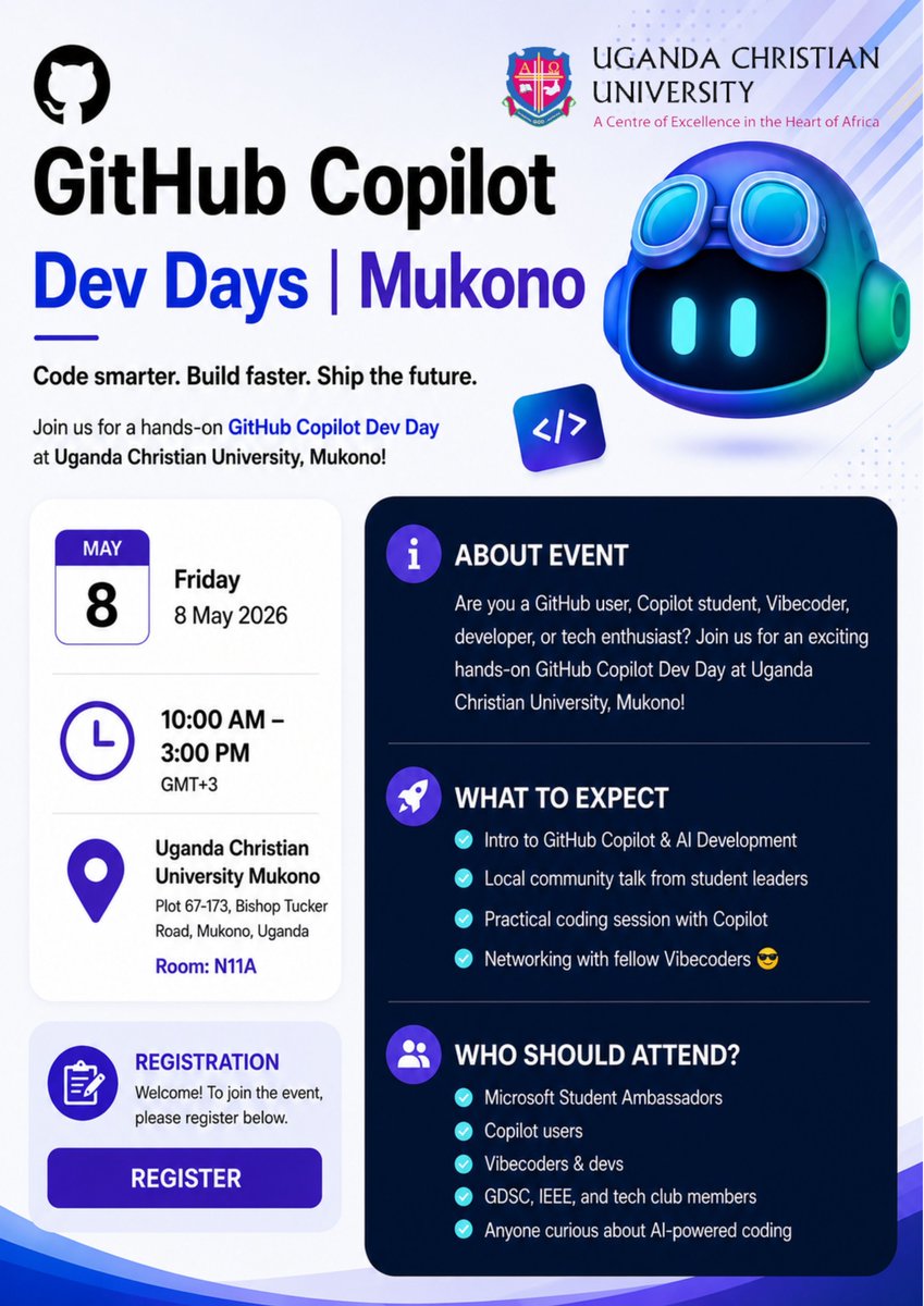 ucu_ComputEng's tweet photo. Tomorrow! 8th May,2026. Join us for GitHub Copilot Dev Days at @UCUniversity . 
Code smarter, build faster, and network with fellow devs. 
📍 Room N11A 
⏰ 10 AM 
Register here: https://t.co/Uj0h4u4Rk6 https://t.co/OsrvgUMrlr