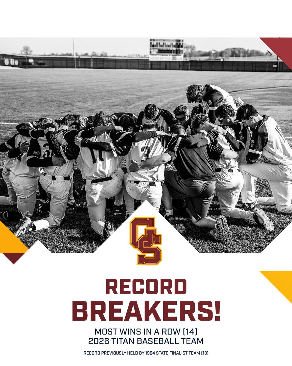 ⚡️RECORD BREAKER !⚡️

The 2026 Titans just made history with 14 consecutive wins, snapping a 32-year school record set by the legendary 1994 State Finalist Titans. Some of the men who set the record in '94 are in the stands watching their own sons break it. Keep it going, Titans!