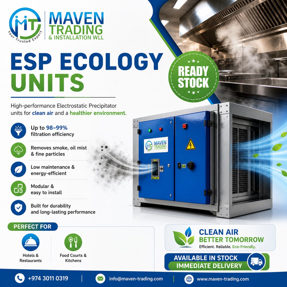 TradingWll's tweet photo. 🔥 ESP Ecology Units – Ready Stock
Clean Air Solutions for Commercial Kitchens &amp; HVAC Applications.
📞 +974 3011 0319
🌐 https://t.co/1SXmTmwDuy

#MavenTrading #ESPecology #CleanAir #HVAC #ReadyStock https://t.co/sNzufGX0SA
