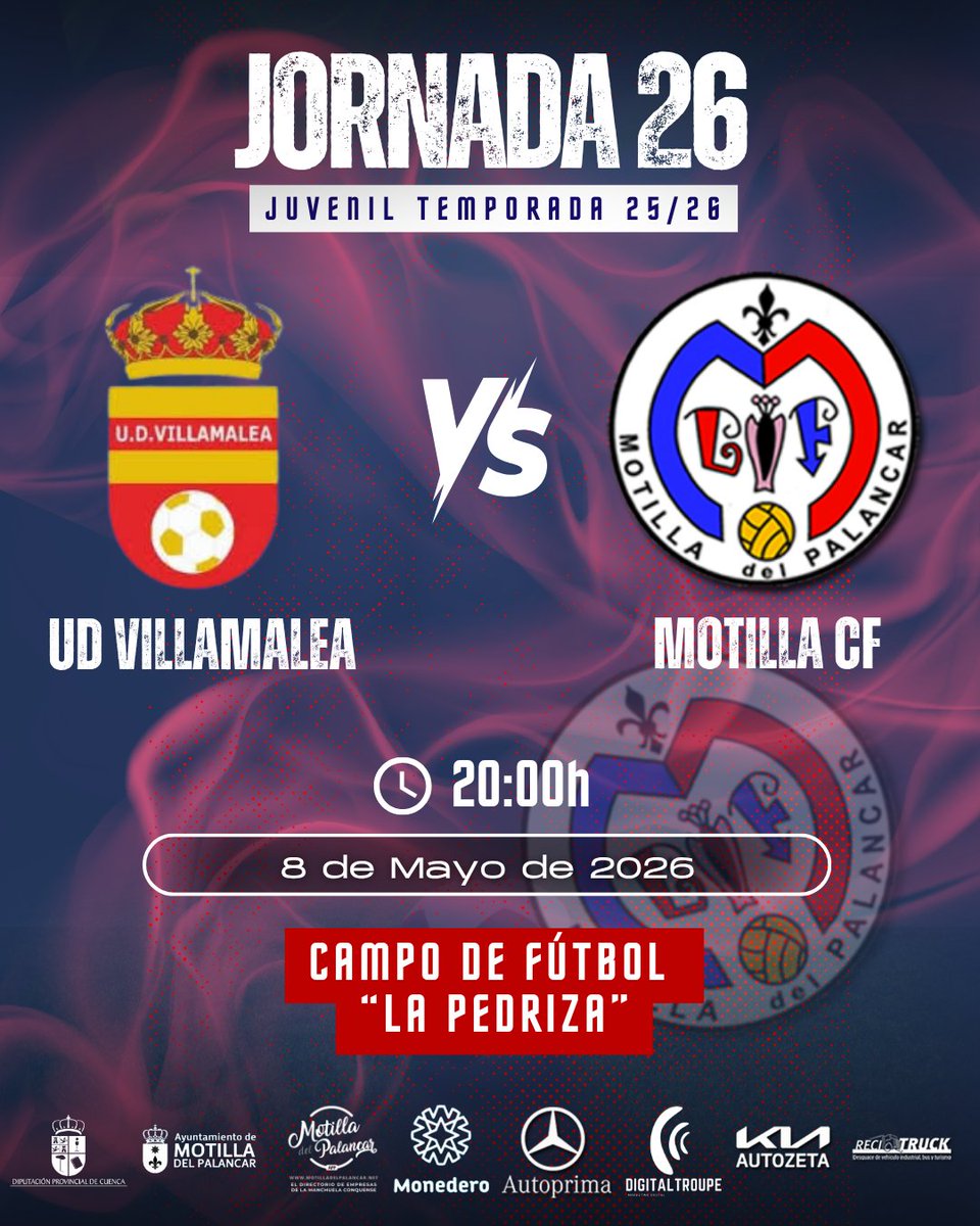 Motillacf's tweet photo. ¡Ultimo partido de liga de nuestros juveniles!

Los chicos quieren despedir la temporada con una victoria y pelearán para ello en Villamalea.

🆚UD Villamalea
📅8 de Mayo de 2026
🕐20:00h
📍Campo de futbol "La Pedriza"

¡VAMOS MOTILLA CF!⚽💪

#MotillaCf #MotilladelPalancar https://t.co/0yhc5yY1hO