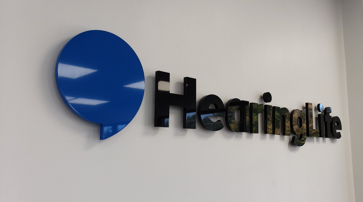 SignsToronto's tweet photo. Custom 3D cut logos painted to match the Pantone colors and installed raised from the wall with studs and spacers for "HearingLife".

Toronto Signs project completed! https://t.co/1VduJkGDyx