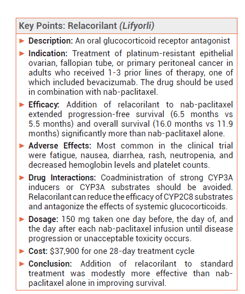 MedicalLetter's tweet photo. Relacorilant (Lifyorli) for Epithelial Ovarian, Fallopian Tube, or Primary Peritoneal Cancer https://t.co/AZzgbfVKZg https://t.co/UgdUoUXP67