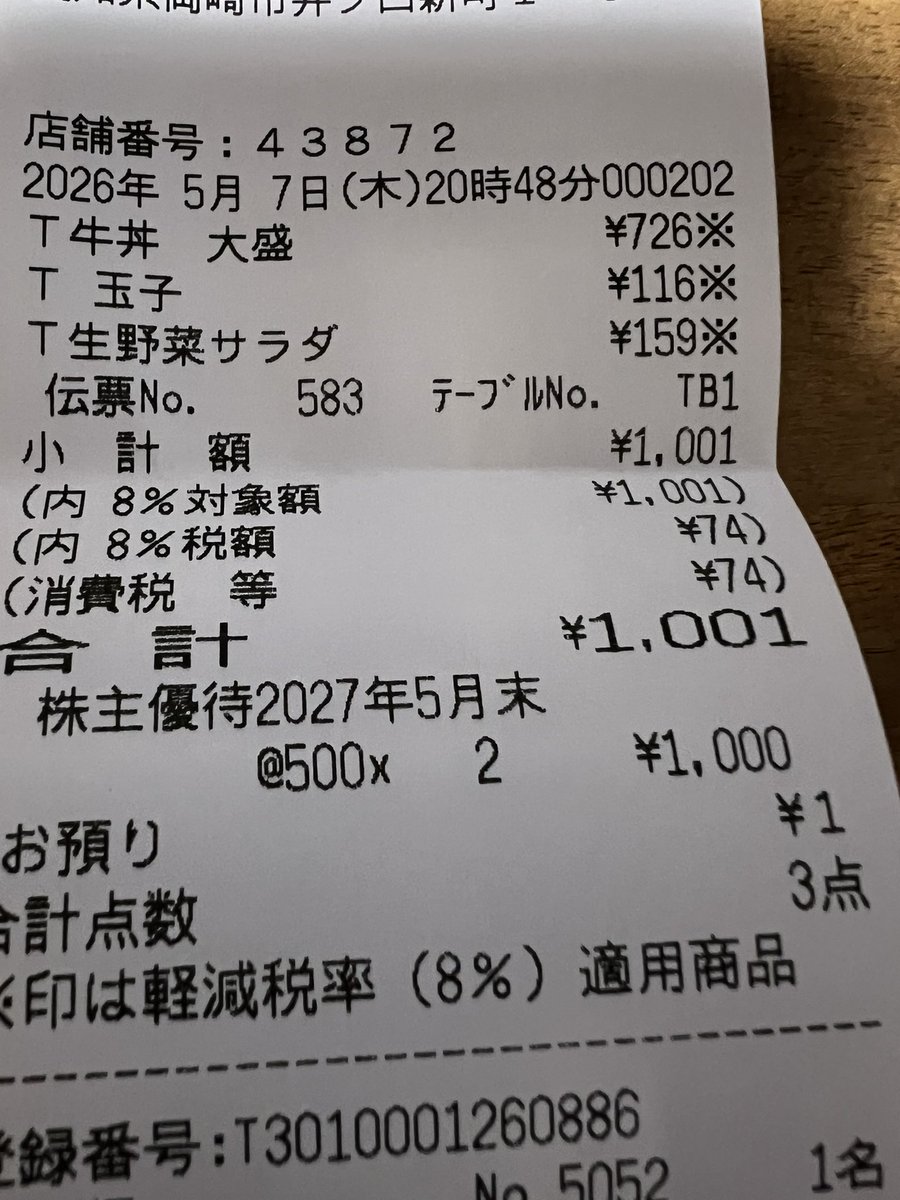 Arisu8615's tweet photo. 1001円のお会計に株主優待使って1円だけ現金払ってきた笑 https://t.co/My9tU6GSiv