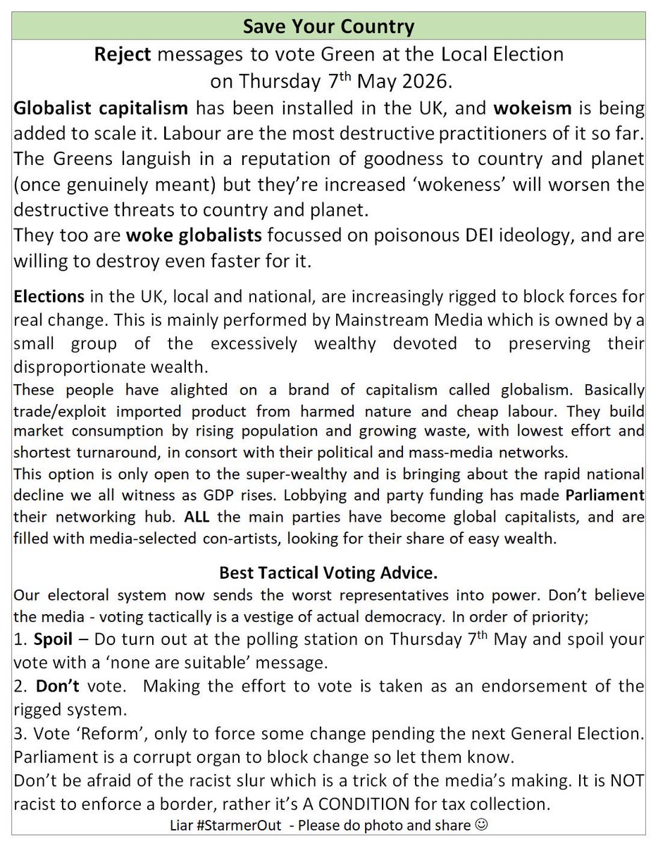 JJones_NOTA's tweet photo. UK A Democracy In Name Only:

The work of #theMedia today is to minimise engagement of viewers with voting in Local Elections.
They won’t remove their man Starmer until they have a fully signed-up alternative reading to install.

Likely, Reform party at the next GE.

Spoil today: https://t.co/UjO7i8ot0O