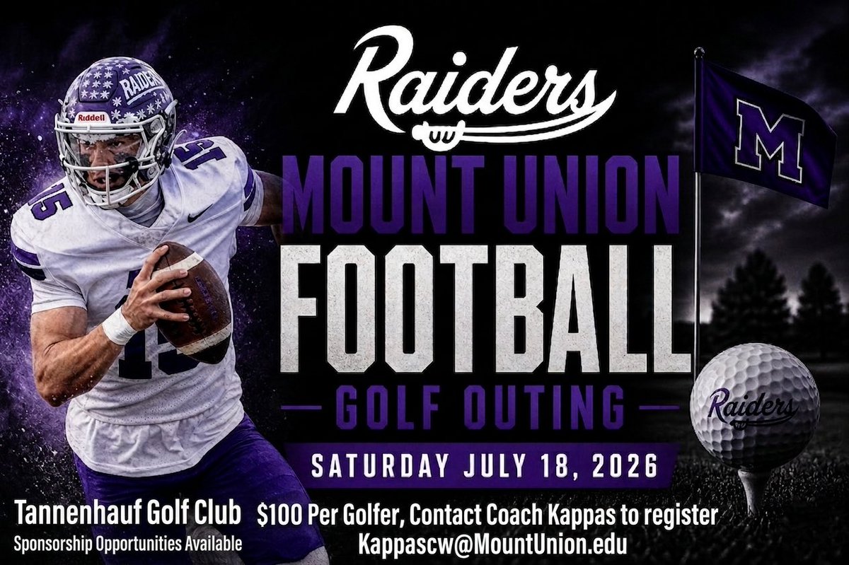 MountUnionFB's tweet photo. The Mount Union Football Golf Outing is  almost here -- grab a teammate, or 3, and secure your spot today!

Can't make it this year, but still want to support your Raiders? Plenty of sponsor opportunities available.

Reach out to Coach Kappas for questions &amp; details.

Go Raiders! https://t.co/MxEXYfDvj6