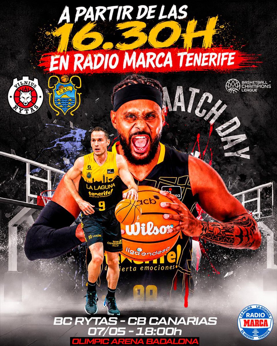 RadioMarcaTfe's tweet photo. 🏀 ¡Tic tac tic tac! Se acerca la hora del partido. En dos horas arranca la Final Four de Badalona para el @CB1939Canarias.

🆚 @rytasvilnius 
🏟️ Olímpico de Badalona
📻 A partir de las 16:30 h.c. 👉 https://t.co/2Dq9HOhJOM https://t.co/zmBf8MLzd2