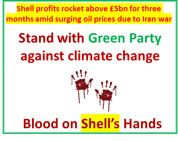 5beers's tweet photo. @robinenergy UK should vote for the Green Party as Shell gains huge profits as a result of Trump &amp; Bibi’s War against Iran. The Lab Govt is not ‘The Party for the Workers’. The Green Party will force oil billionaires, ‘Infected by the sickness of GREED’, to pay their dues. https://t.co/3wWlMEriw6