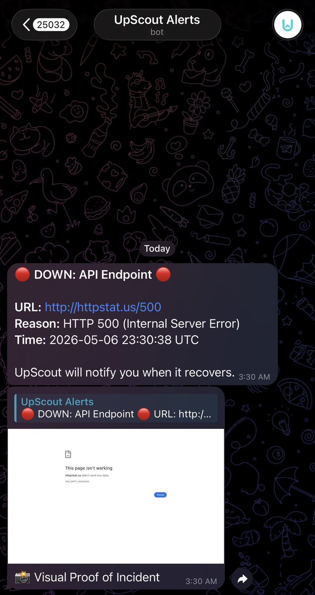 kipsnai's tweet photo. Sick of traditional monitors charging $15/mo just for a basic Discord ping. Built my own alternative in Rust 🦀

Meet UpScout:
✅ 50 Free Monitors
✅ Visual Alerts: We take a real-time screenshot of your broken site and send it directly to your Telegram. 
📸
https://t.co/a7kLBlE369