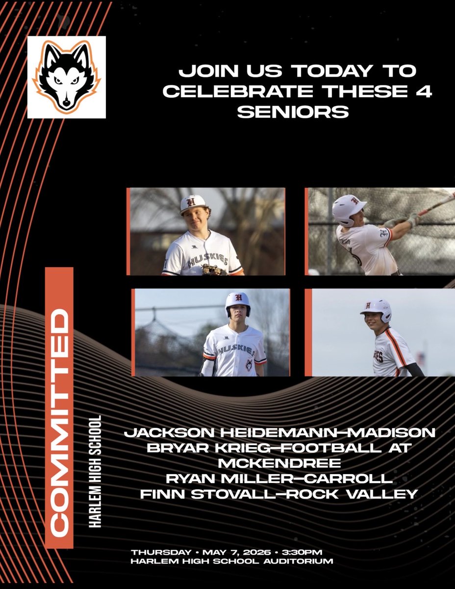 CoachMcCloy's tweet photo. Join us today in celebrating 4 Harlem Baseball seniors as they sign their commitment to play in college. 
@jheide0 @bryark33 @ryanmmiller12 @FinnStovall13 
#TrustTheProcess https://t.co/KTTYkr4yhS