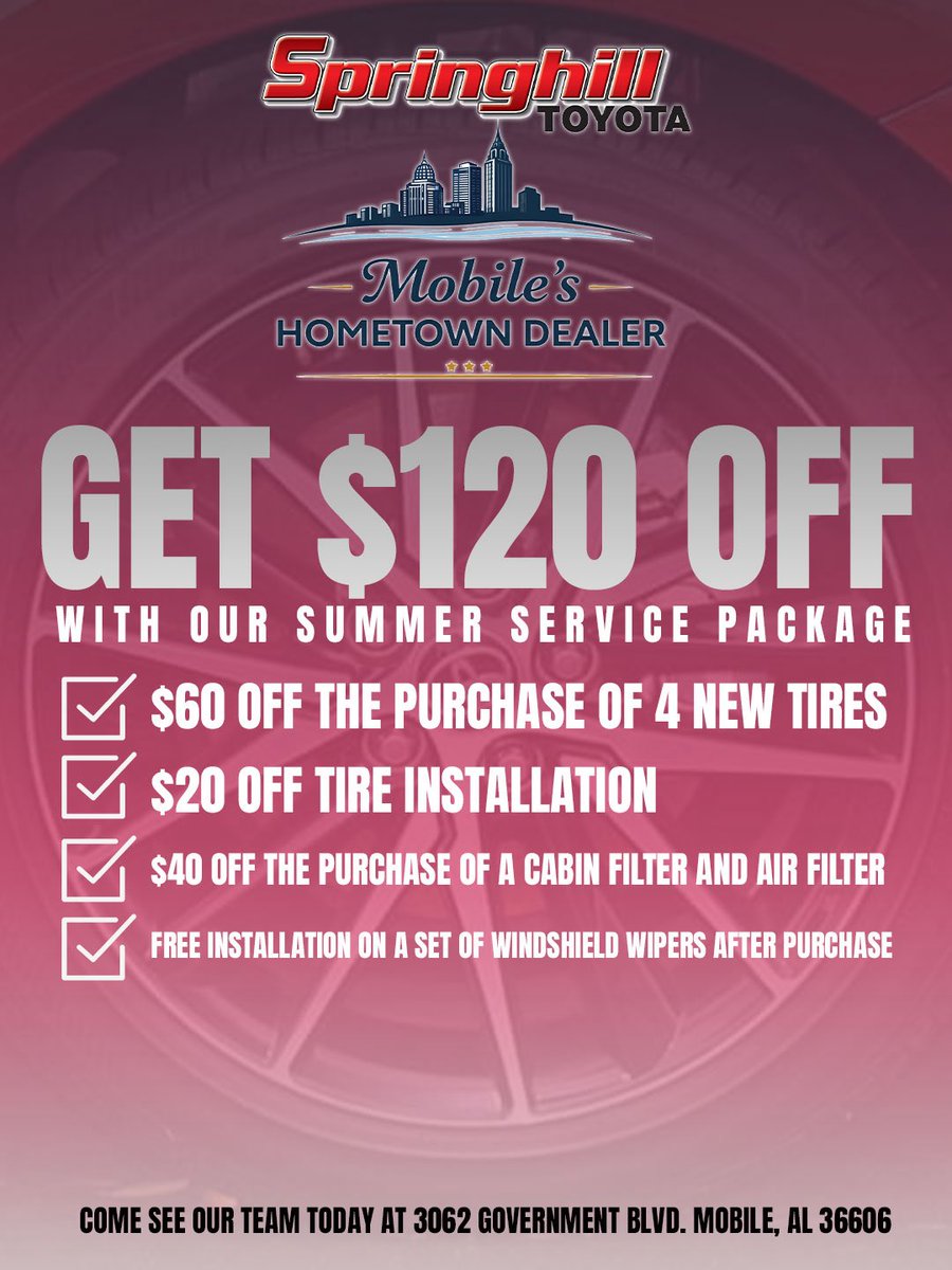 🛞🚘☀️ Gear up for your best summer with SAVINGS! 
🤝 Get up to $120 OFF with our Summer Service Package
✅ $60 OFF THE PURCHASE OF 4 NEW TIRES
✅ $20 OFF TIRE INSTALLATION
✅ $40 OFF THE PURCHASE OF A CABIN FILTER AND AIR FILTER
✅ FREE INSTALLATION ON A SET OF WINDSHIELD WIPERS