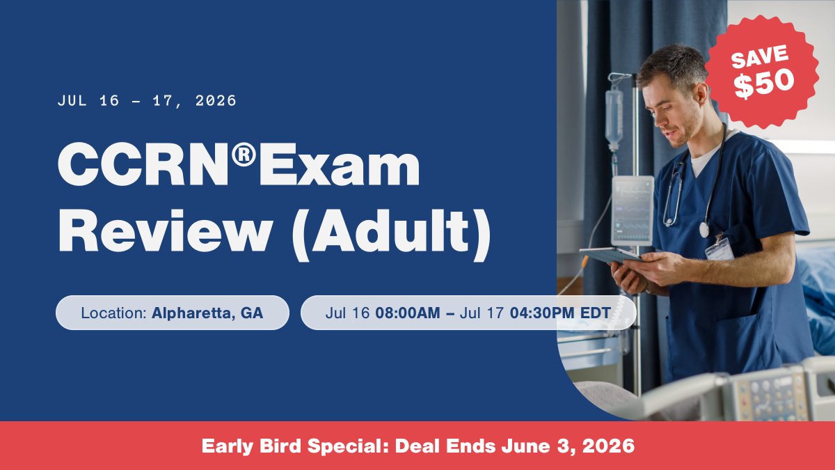 MedEdInc's tweet photo. Save $50 with early registration!

Join our CCRN® Exam Review (Adult) for a focused, exam-driven review designed to help you feel prepared and confident.
📍 Alpharetta, GA
🗓 July 16–17
⏰ Early bird ends June 3

Register now: https://t.co/CC309yXutJ https://t.co/0qauEF1LAq