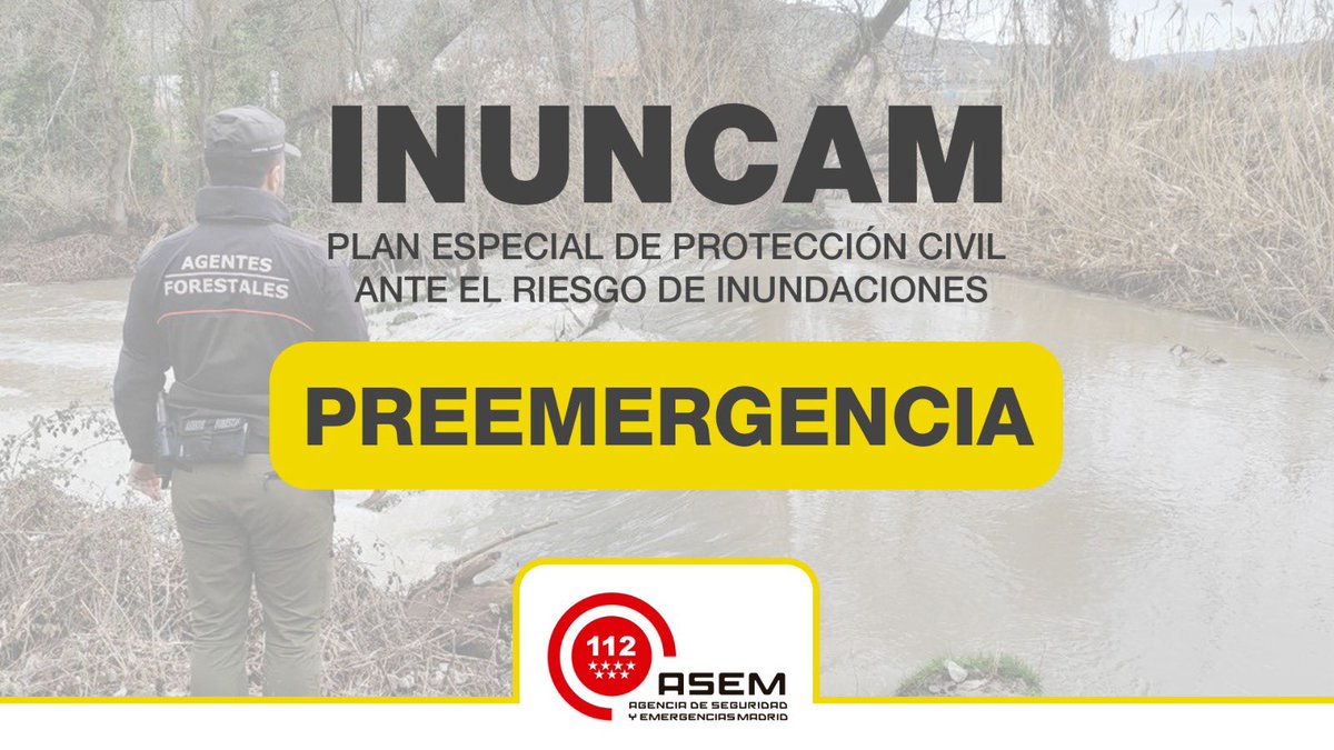 🚨 Activada Fase de Preemergencia del Plan Especial de Protección Civil ante el Riesgo de Inundaciones #INUNCAM.

⛈️ Desde la #ASEM112 seguimos pendientes de la evolución meteorológica en la <a href="/ComunidadMadrid/">Comunidad de Madrid</a>.