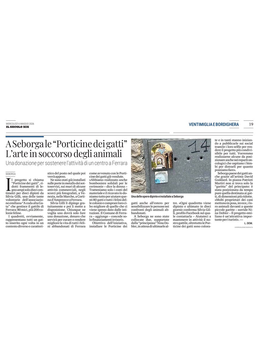 PrincSeborga's tweet photo. Nel cuore del Principato di Seborga hanno trovato casa due speciali “porticine dei gatti”, realizzate dall’artista Silvia Gilli, volontaria del Gattile Comunale di Ferrara-A Coda Alta & Gata 🐾
Il progetto, già presente in diverse città italiane, nasce con l’obiettivo di sensibilizzare le persone verso il mondo felino attraverso piccoli dettagli artistici collocati in luoghi caratteristici e suggestivi. Un’iniziativa fatta di passione, creatività e amore per gli animali, che siamo felici di accogliere anche nel nostro borgo ✨🐱
.
#seborga #principatodiseborga #porticinedeigatti #gatti #cats