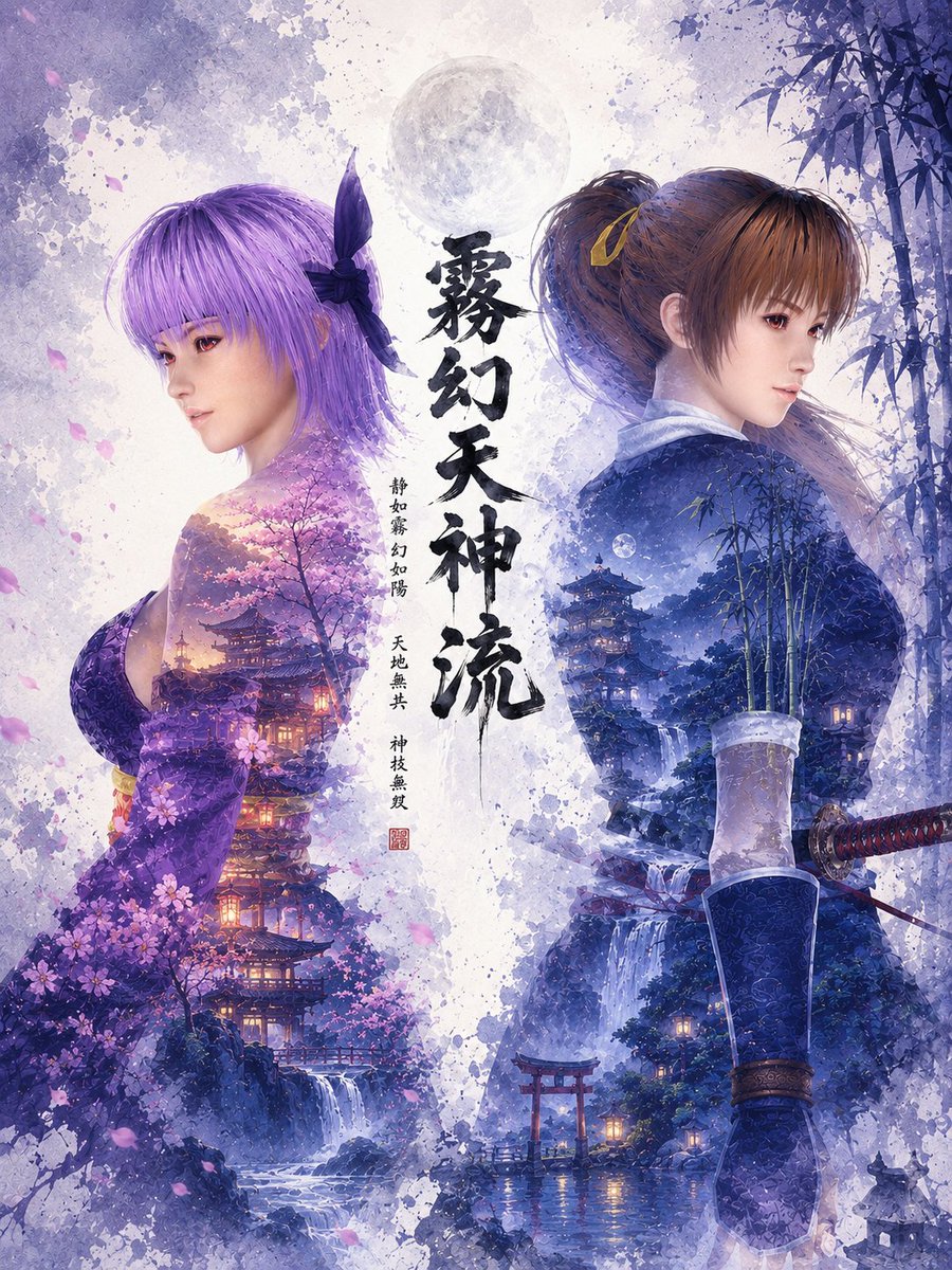 penpen_doaxvv's tweet photo. テーマ：宿命の双華、月下に交わる  
キャッチコピー： 「静かなる霧、幻想の如き陽。天地に無二の絆を刻め。」 https://t.co/0ZIC8tvfS6