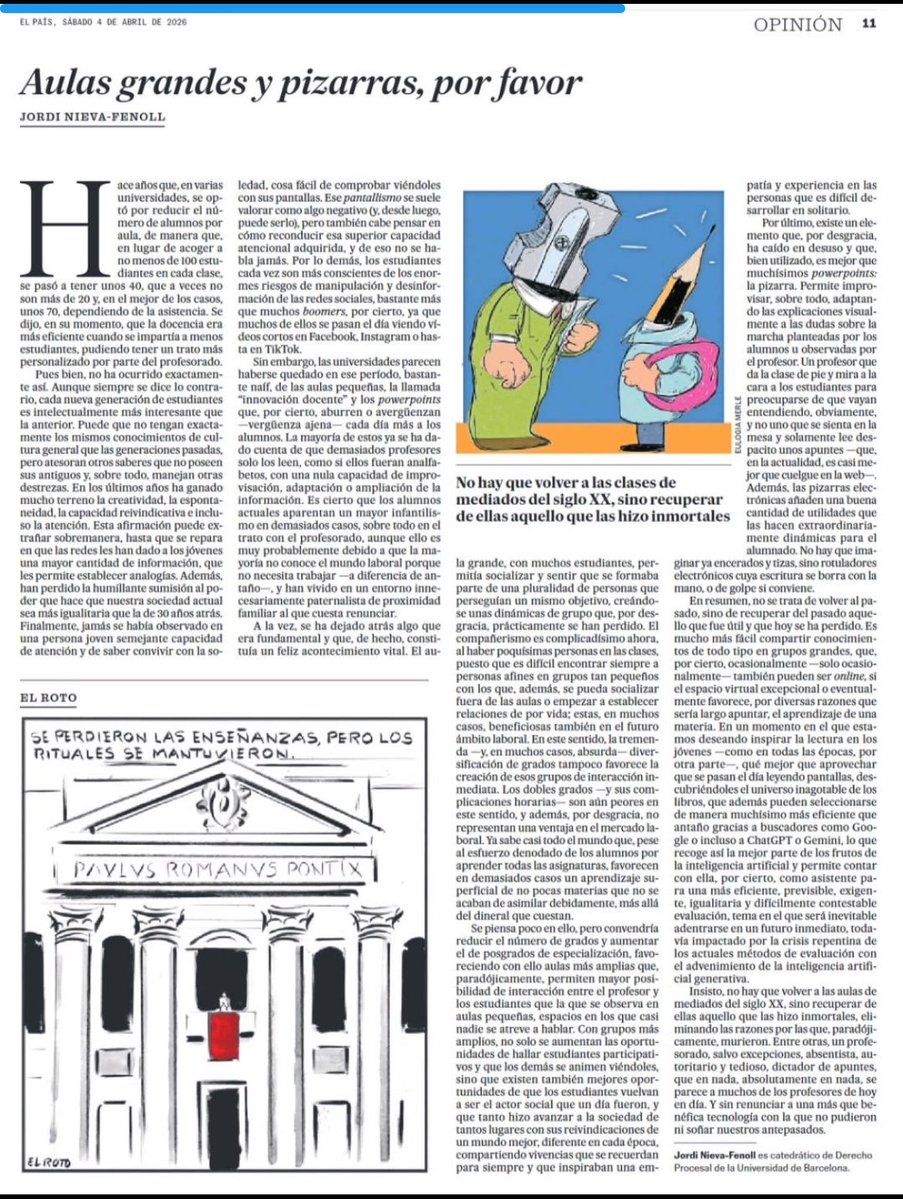 No hay que volver a las clases de mediados del siglo XX, sino recuperar de ellas aquello que las hizo inmortales”.
Jordi Nieva-Fenoll reivindica aulas grandes, pizarras y espacios de interacción real frente a una educación cada vez más fragmentada y digitalizada.