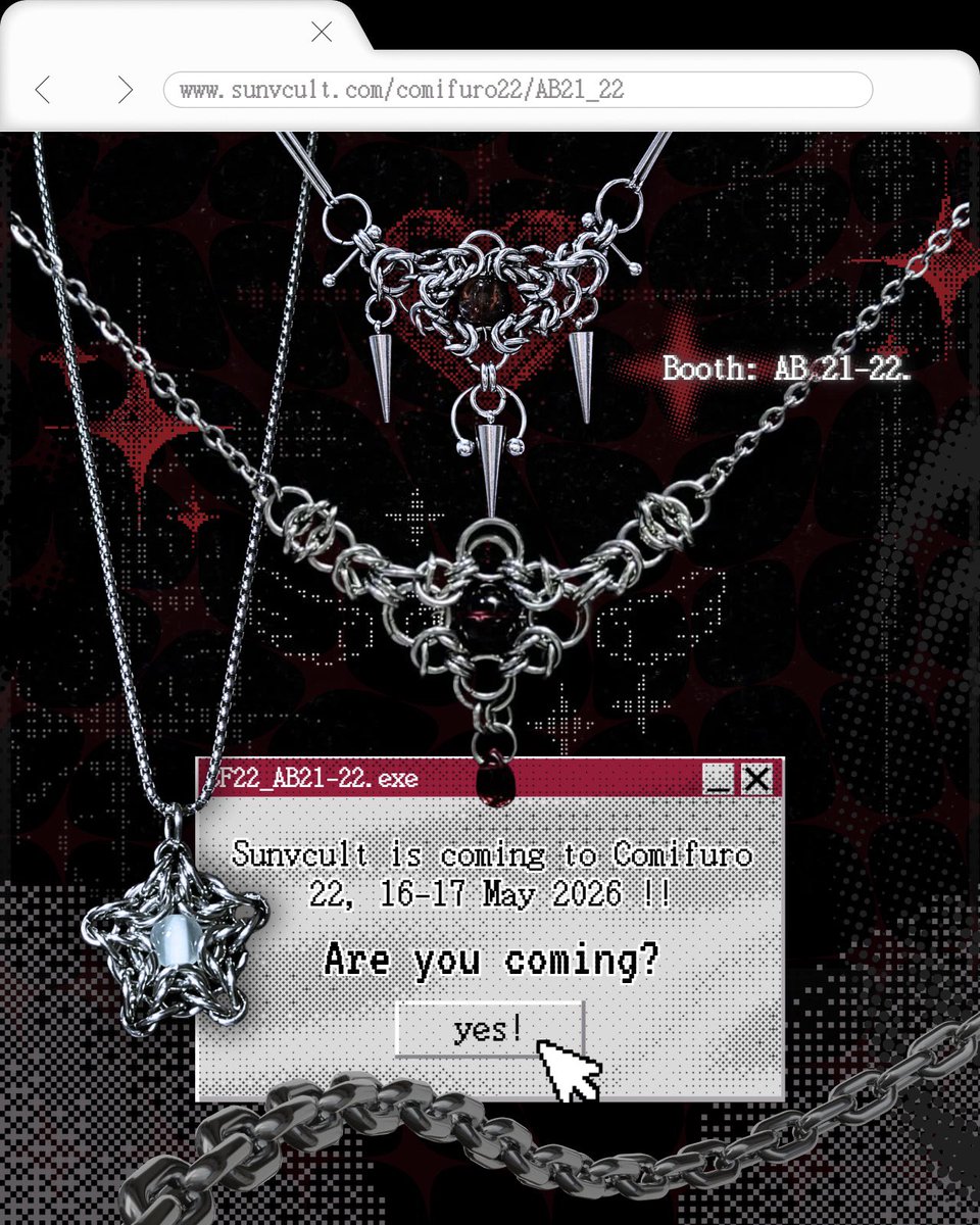 hey cultists 🖤 sunvcult is coming to comifuro ✧

our CF22 pre-orders are OPEN
gothic pieces, made to haunt your outfits ₊˚⊹♡

📍 ICE BSD
📅 16–17 May 2026
🕯 booth AB 21–22 | ST4RLUX

secure your pieces before they vanish… ♱ #cf22 #cf22catalogue
