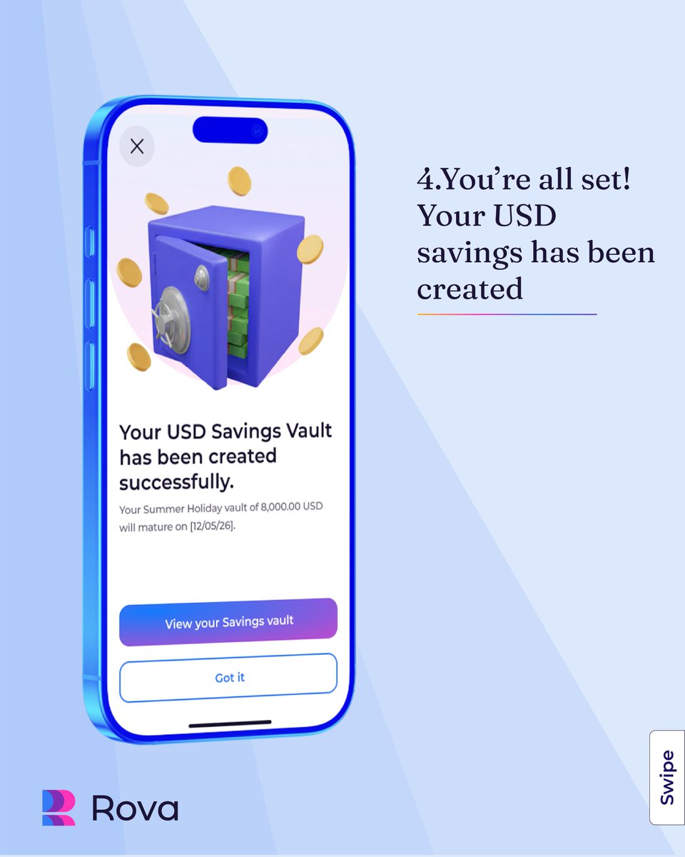GetRovaApp's tweet photo. Create your Rova USD Savings Vault today.

Download Rova to get started. https://t.co/qaOwOyH44w