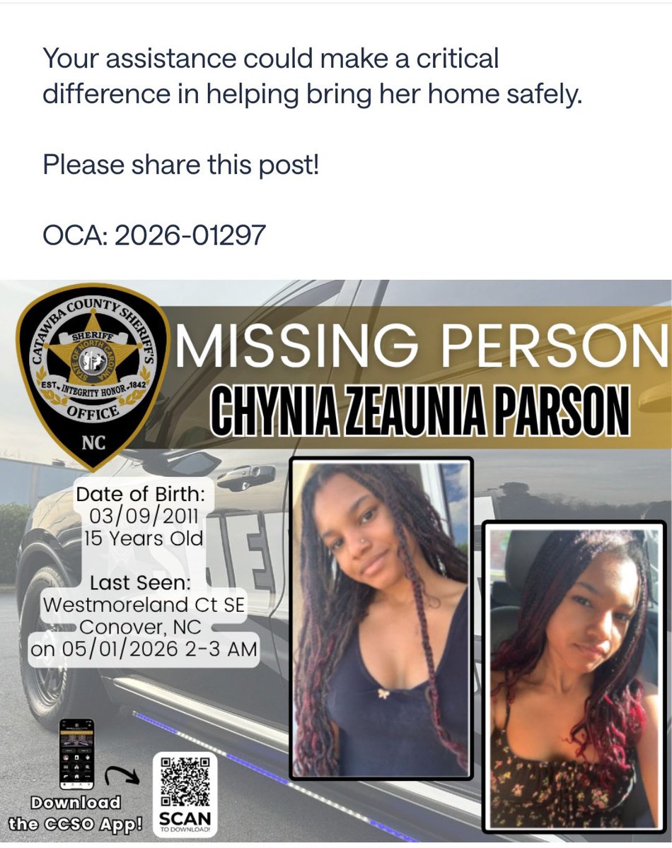 dogwoodblooms's tweet photo. ‼️NC MISSING CHILD‼️

15-year-old Chynia Zeaunia Parson has been missing from Conover since May 1st.

If you see her, contact the Catawba County Sheriff Department.

Please share to help get the word out! 🙏🏼 https://t.co/yZ59QU82ee