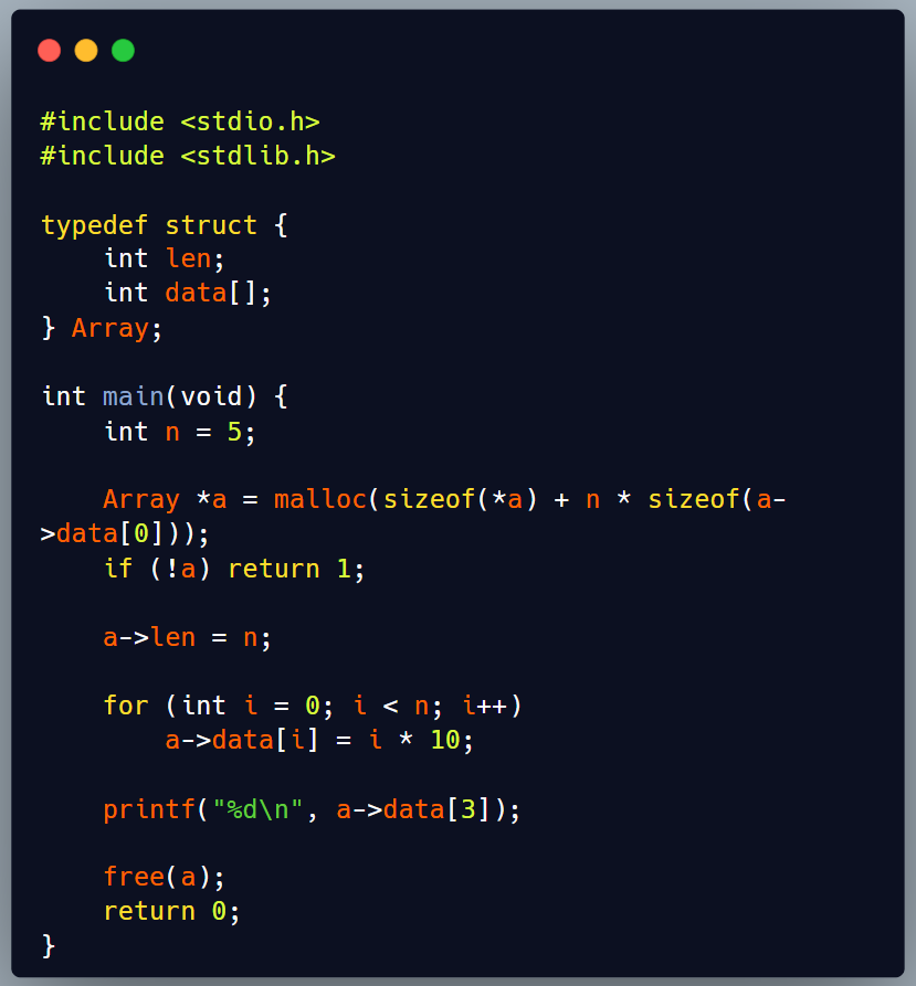 C lets a struct end with an array whose size is decided at allocation ...