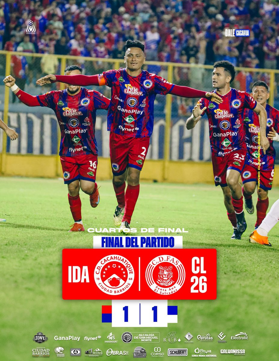 CDCacahuatique's tweet photo. #CuartosDeFinal Final del partido en el Cuscatlán. partidazo de nuestros Cafetaleros. 

Marcador Final
Cacahuatique 1-1 Club Deportivo FAS 

#VamosCacahuatique https://t.co/j3C1QUwLZY