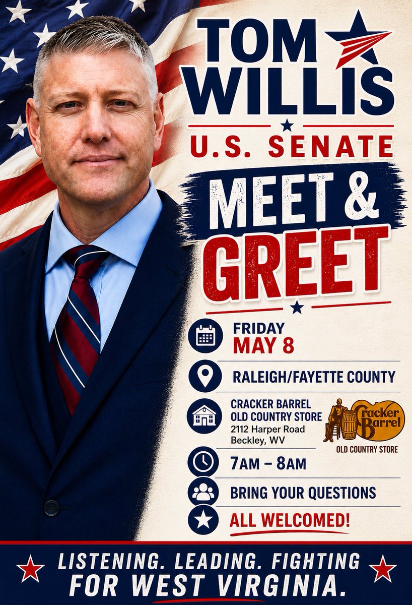 Raleigh/Fayette County — I hope to see you Friday morning at Cracker Barrel.

📍 Cracker Barrel Old Country Store
2112 Harper Road
Beckley, WV

🗓 Friday, May 8
⏰ 7AM–8AM

Bring your questions. All welcomed. 🇺🇸