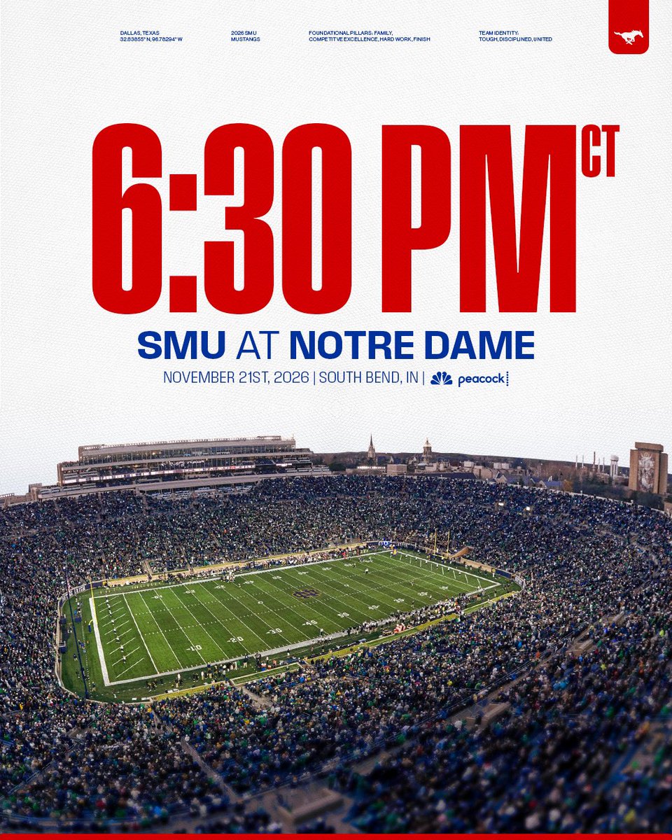 SMUFB's tweet photo. Kick time vs the Fighting Irish⬇️ https://t.co/X2hHfWYDo4